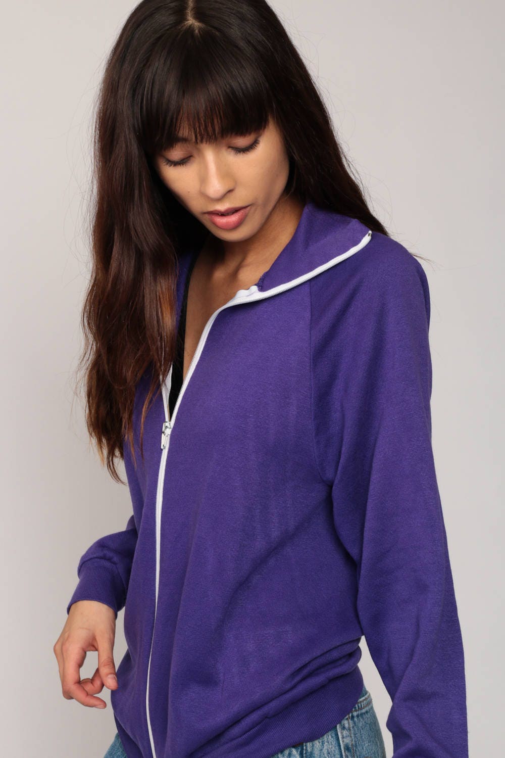 80s Purple Track Jacket Raglan Zip Up Sweatshirt Small