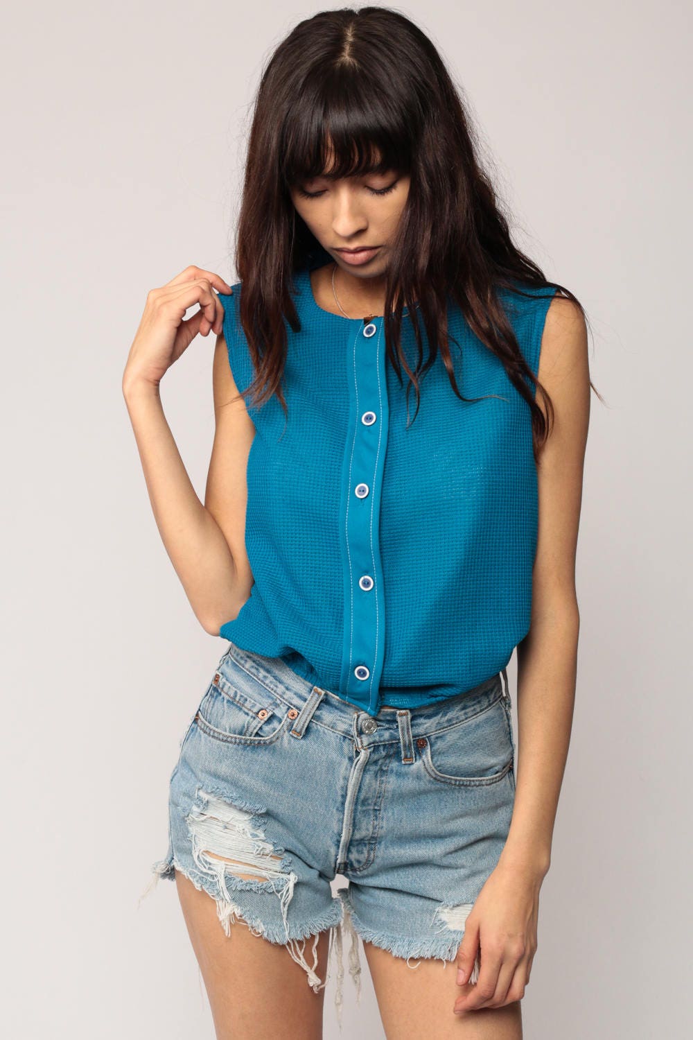 80s Blue Sleeveless Button-Up Tank Top Medium