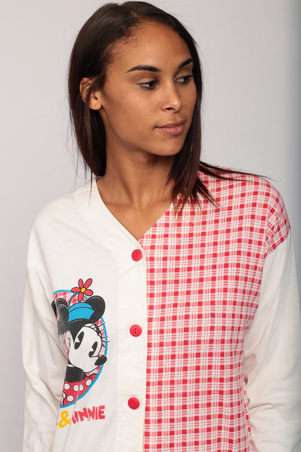 80s Disney Mickey Minnie Mouse Pajama Shirt Red Plaid Button-Up Large