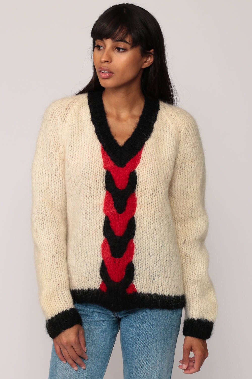 70s Angora Wool V-Neck Sweater Italian Braided Pullover Cream Small