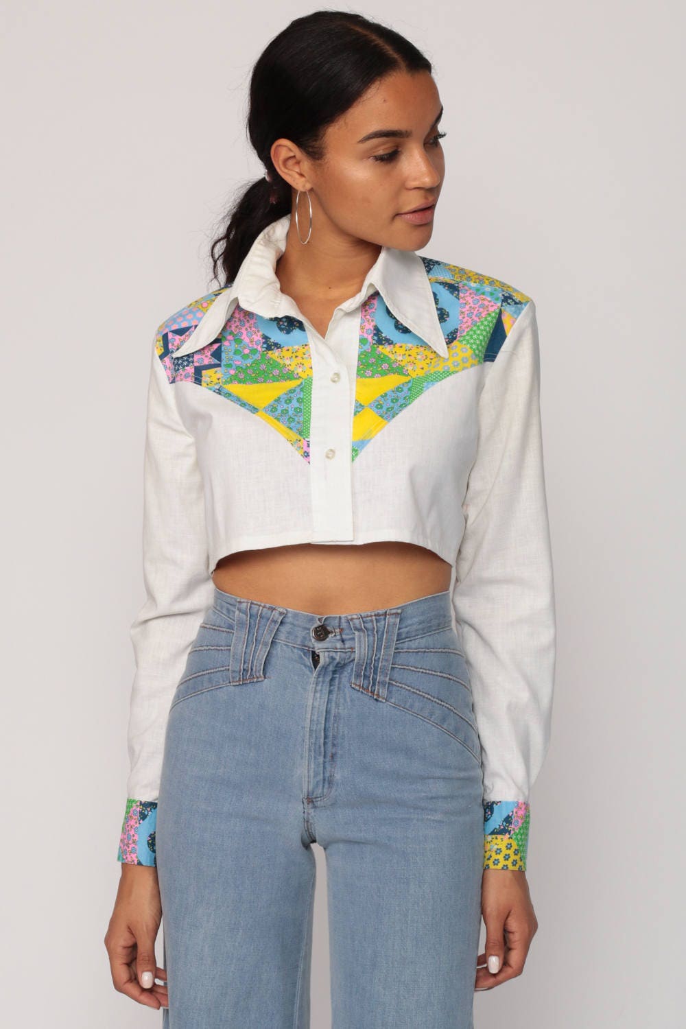 70s Western Shirt Patchwork Floral Yoke Crop Top White Long Sleeve Small