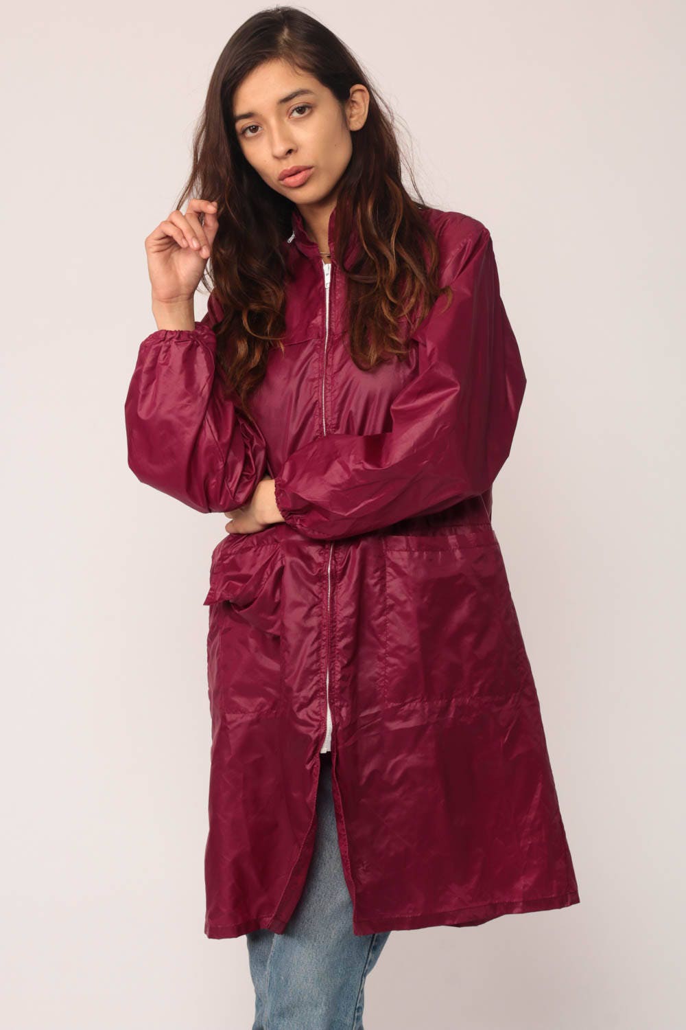 80s Burgundy Hooded Windbreaker Jacket Nylon Zip Hood Large