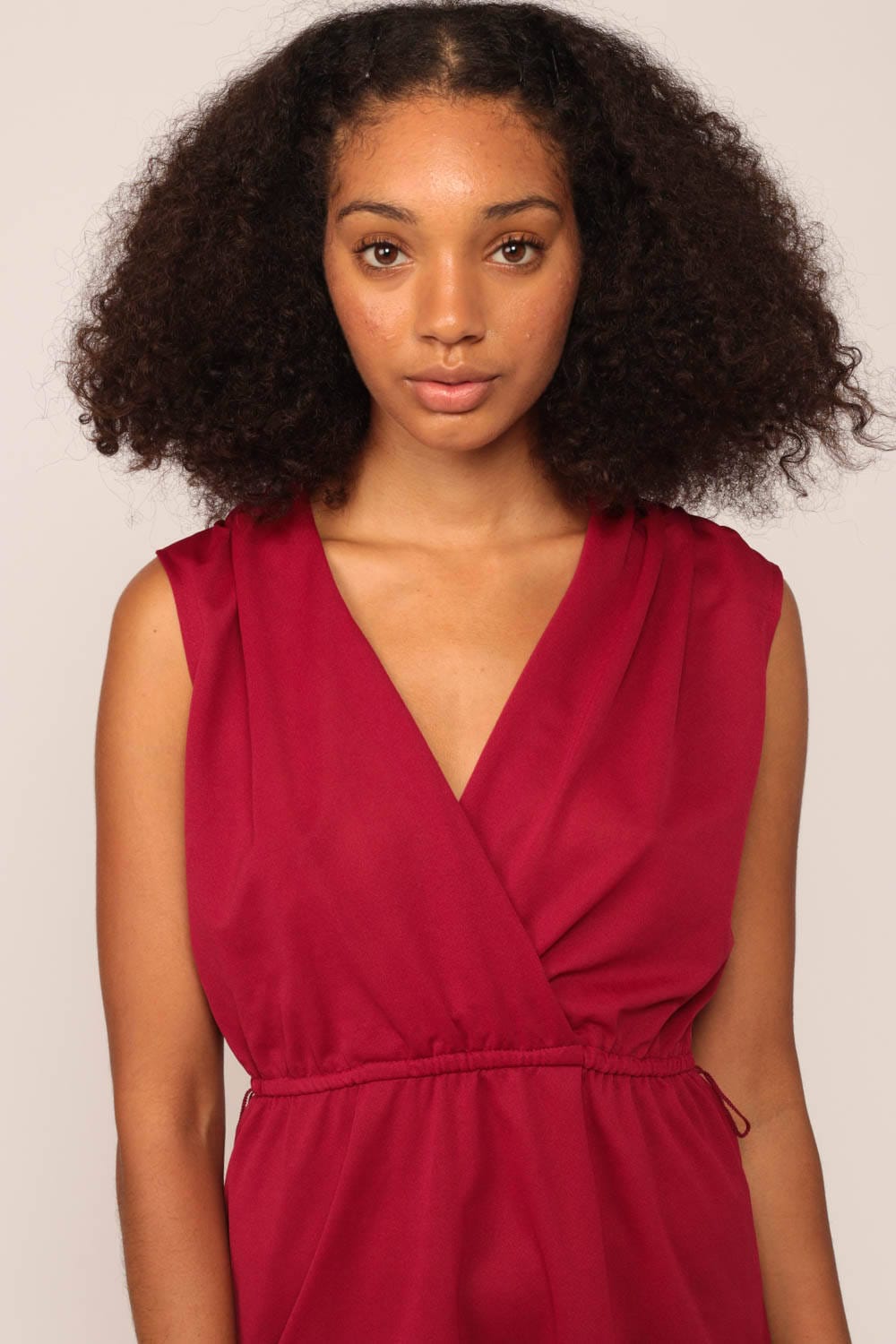 70s Burgundy Wrap Dress Grecian V-Neck Mini Sleeveless High Waist Medium Large