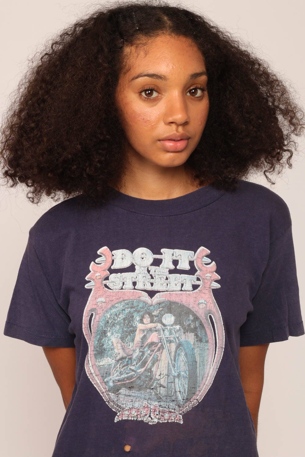 1976 Naked Biker Chick Motorcycle Graphic T-Shirt Faded Blue Large