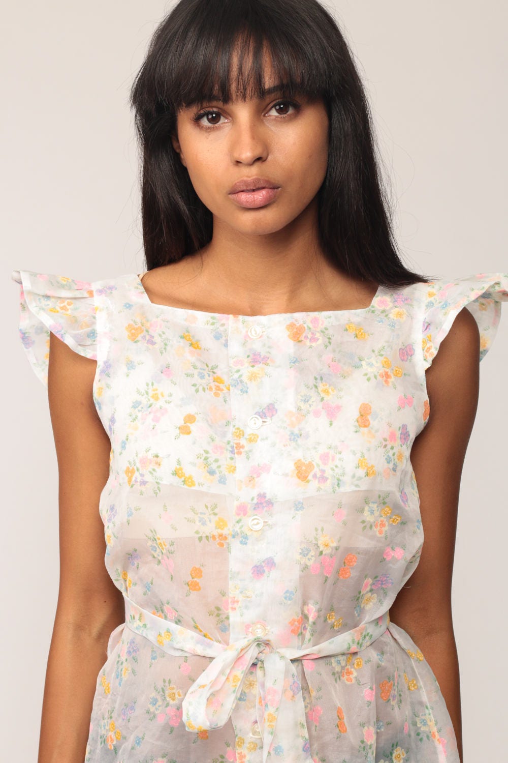 70s Floral Sheer Blouse White Flutter Sleeve Button Up Tunic Extra Small