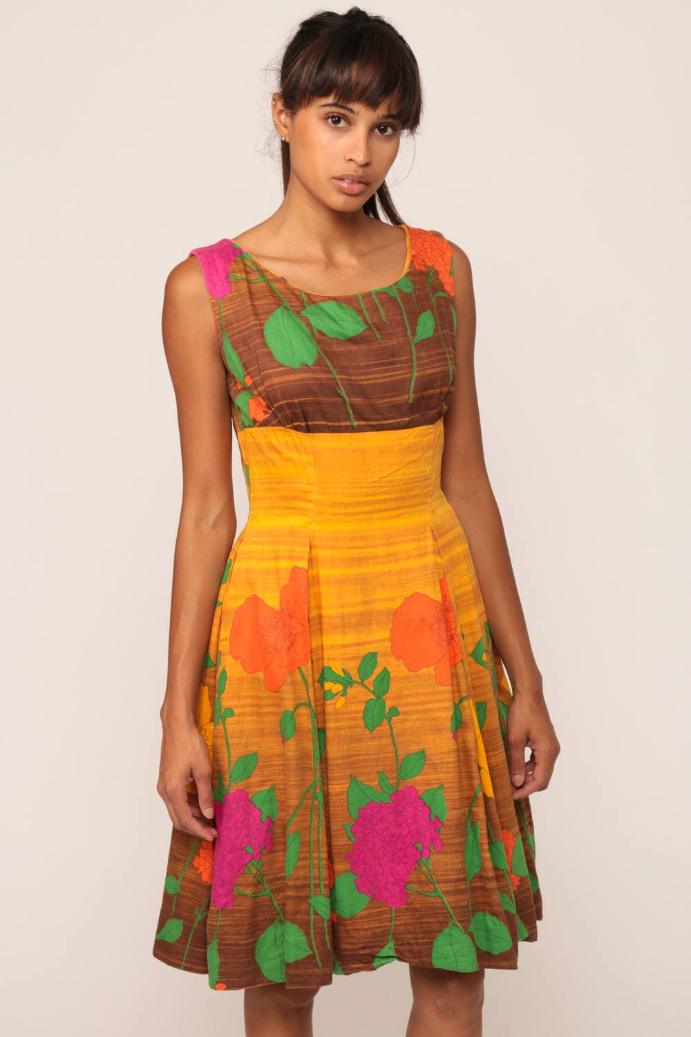60s Floral Mini Dress Golden Yellow Brown Empire Waist Pleated Cotton Small