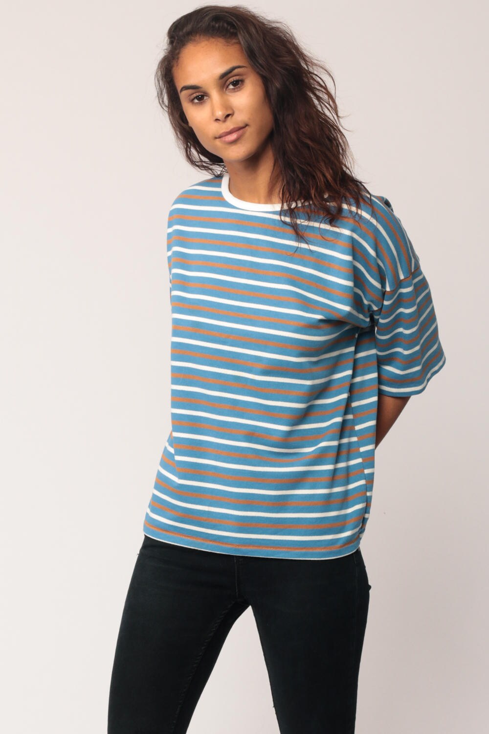 80s Striped T-Shirt Blue White Brown Ringer Tee Short Sleeve Large