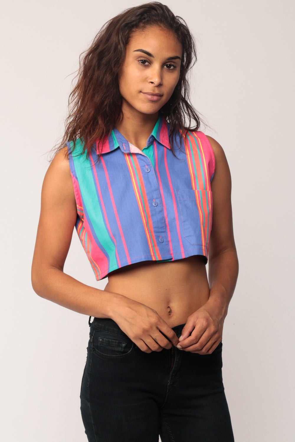 90s Striped Sleeveless Button-Up Blouse Crop Top Pink Purple Small Medium