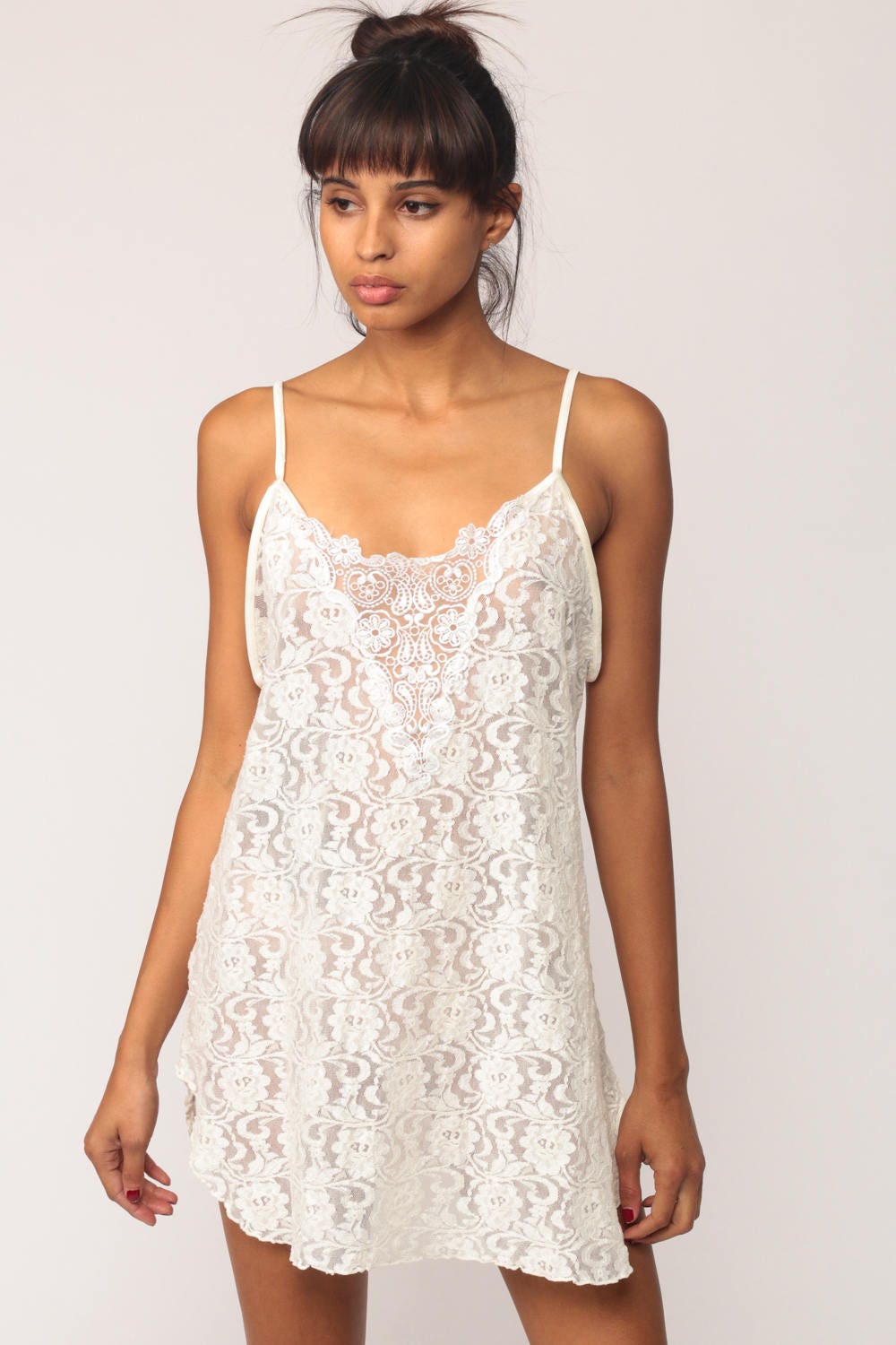 90s White Lace Slip Dress Sheer Spaghetti Strap Chemise Mini Medium Large