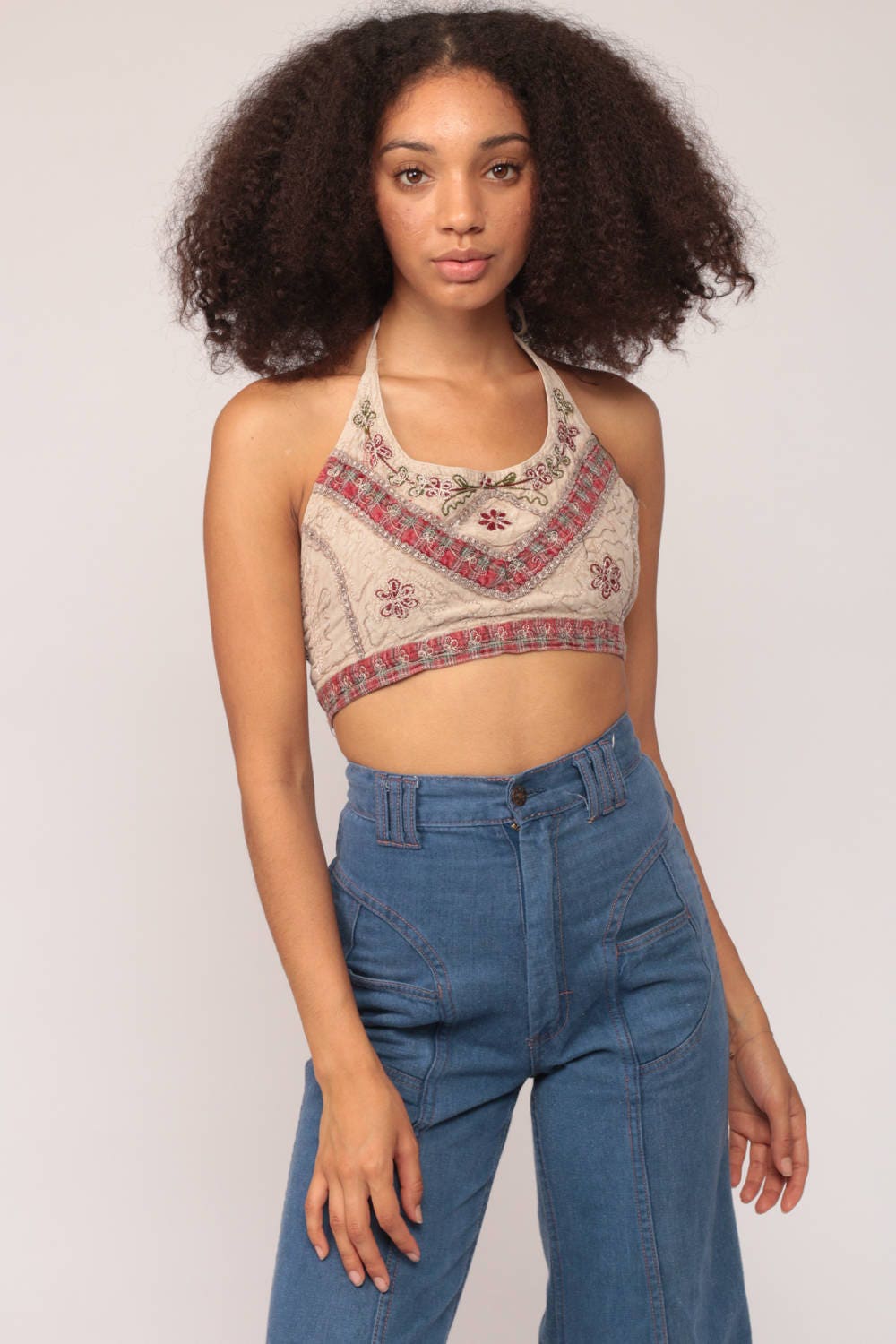 90s Halter Crop Tank Top Floral Embroidered Plaid Trim Taupe Small Medium