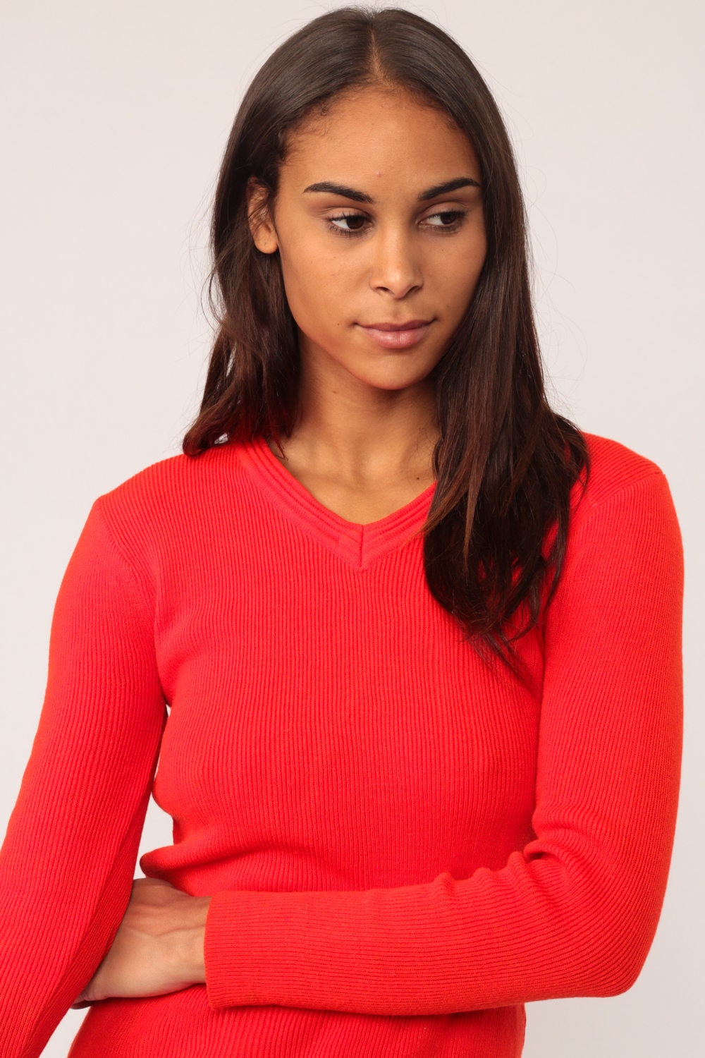 70s Red Knit V-Neck Sweater Long Sleeve Top Extra Small XS