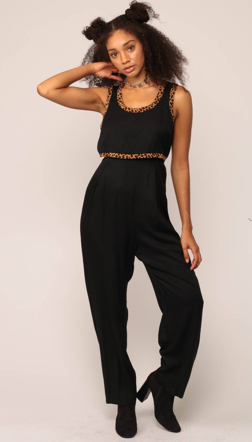 80s Black Leopard Print Jumpsuit High Waisted Tank Romper Small Medium