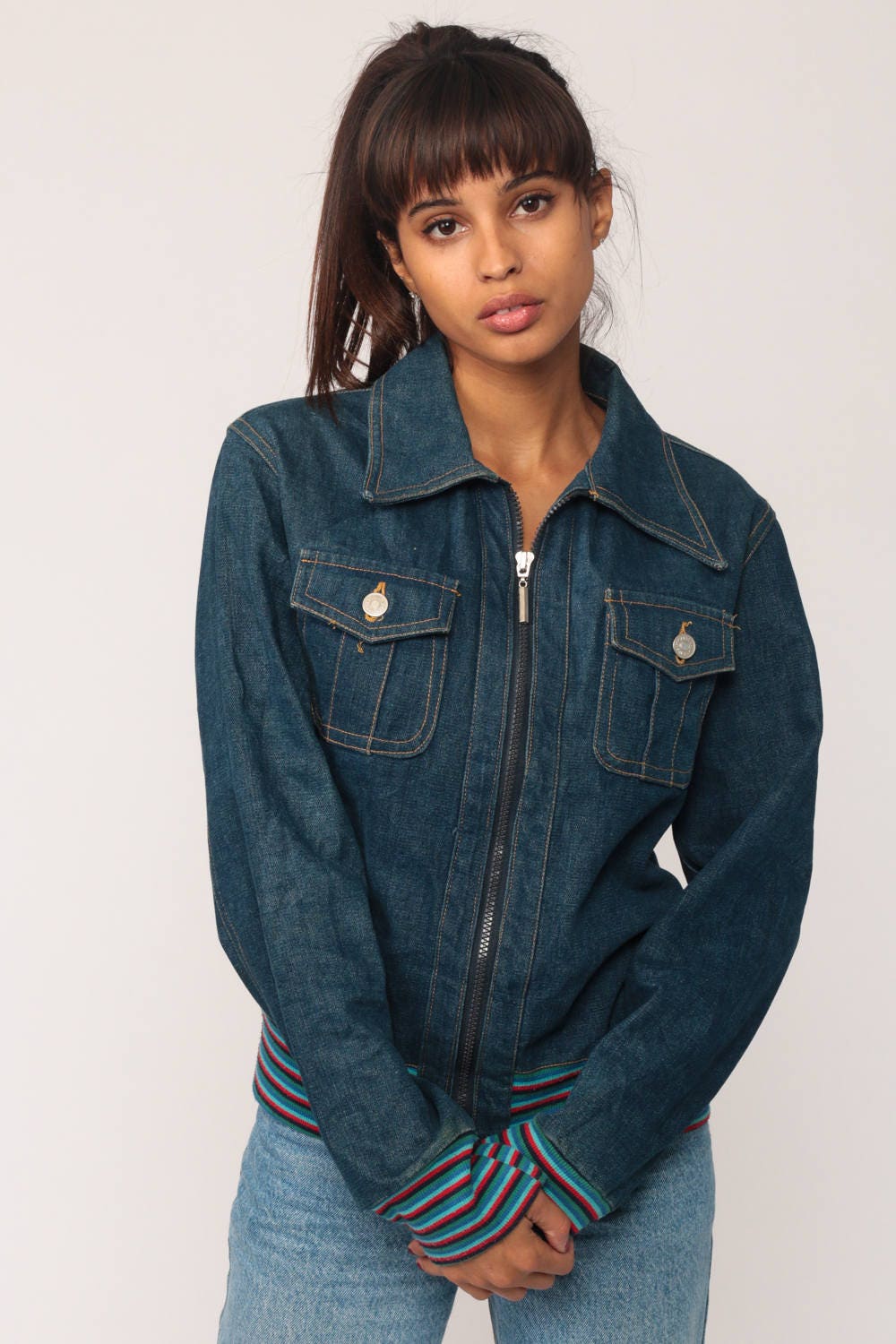 90s Blue Denim Jacket Striped Trim Zip-Up Small