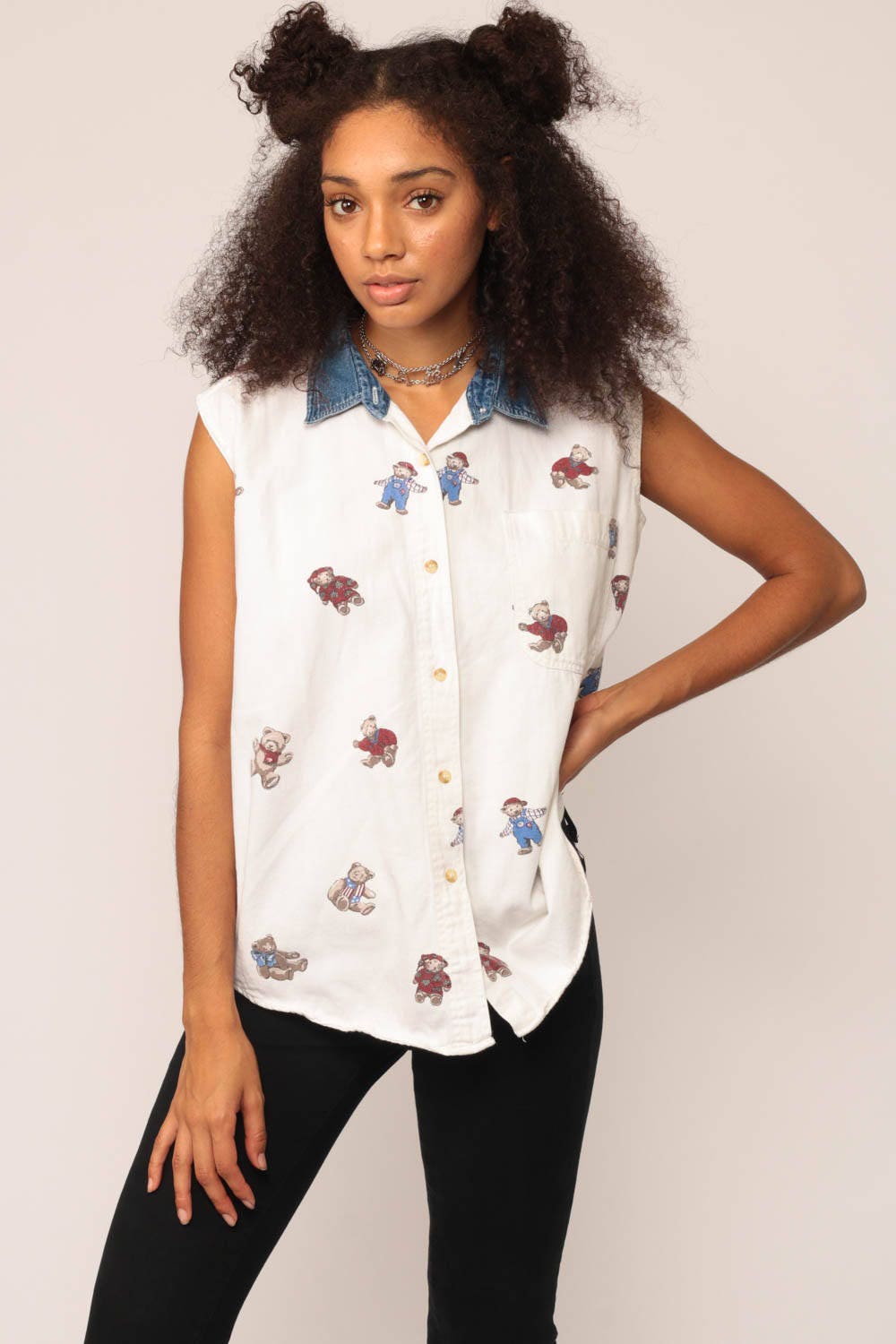 90s Teddy Bear Print Denim Collar Button-Up Blouse White Sleeveless Large