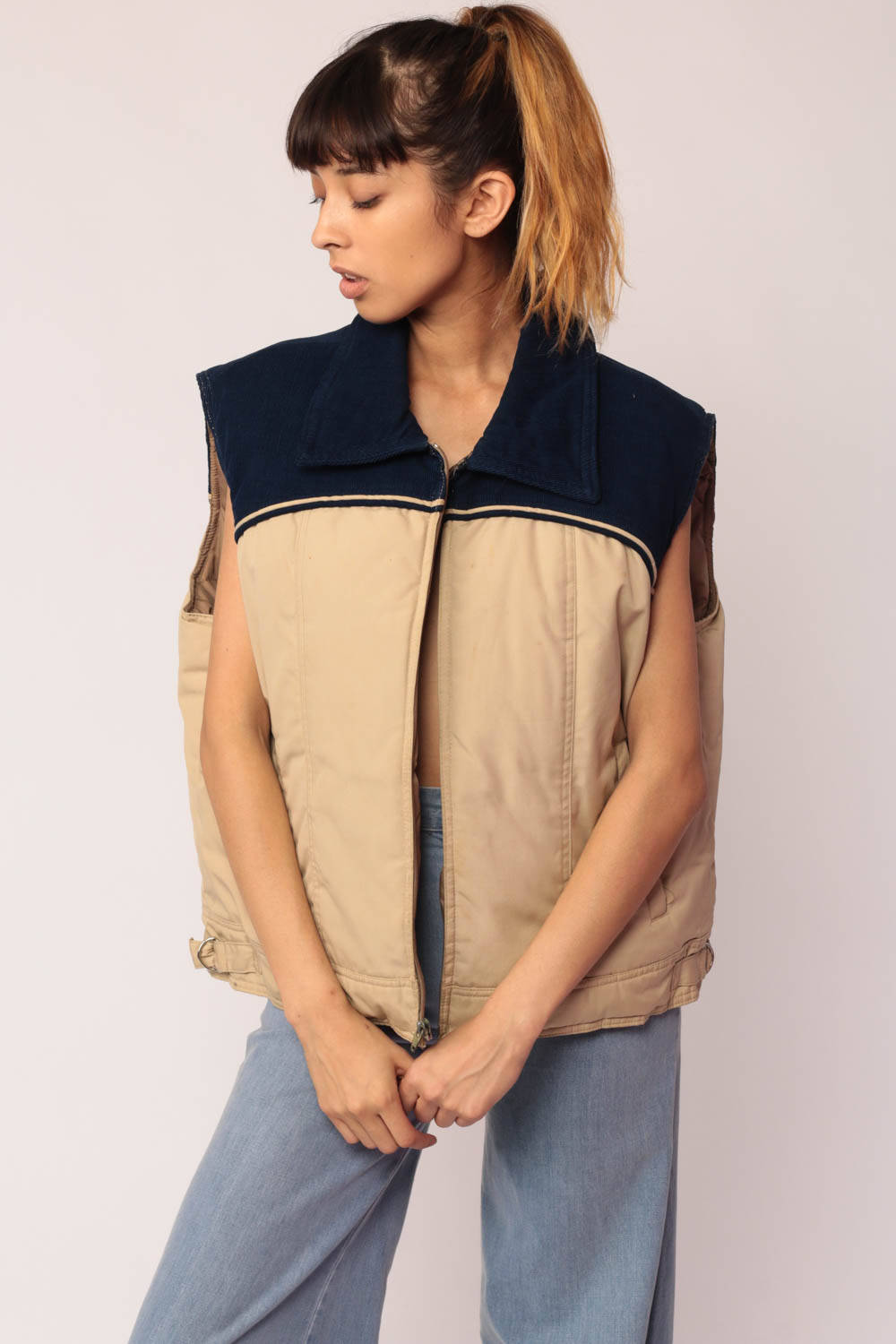 80s Puffer Vest Corduroy Colour Block Down Fill Sleeveless Tan Blue Extra Large