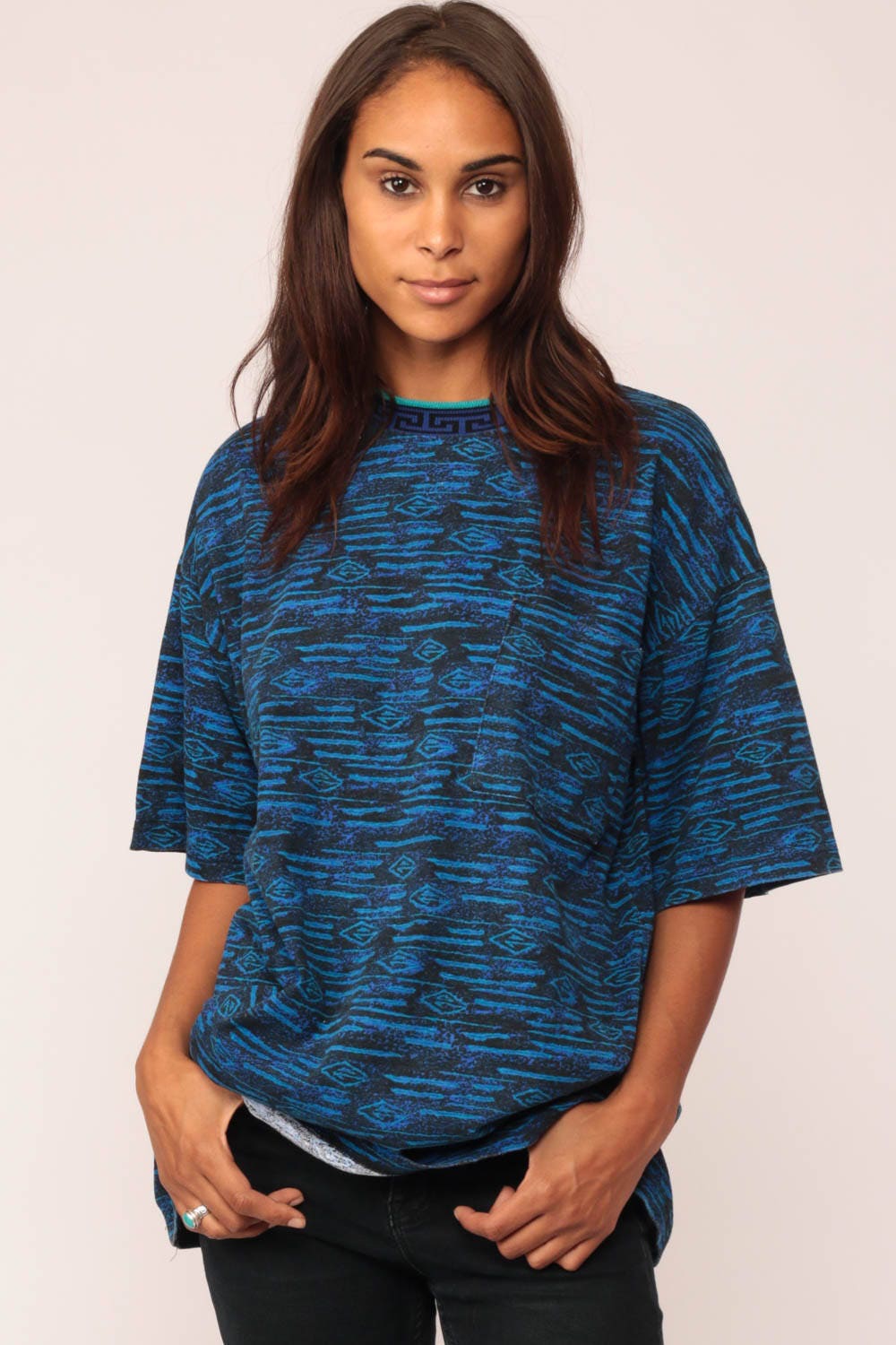 80s Tribal Print T-Shirt Unisex Southwest Graphic Tee Blue One Size