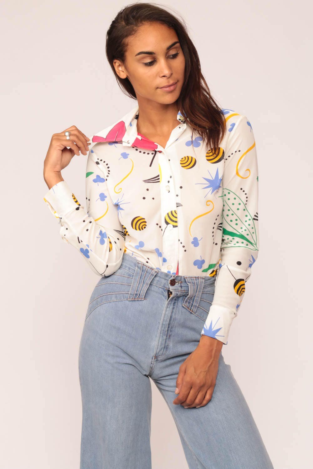 70s Geometric Shapes Button-Up Blouse Clover Star Leaf Print Small Medium
