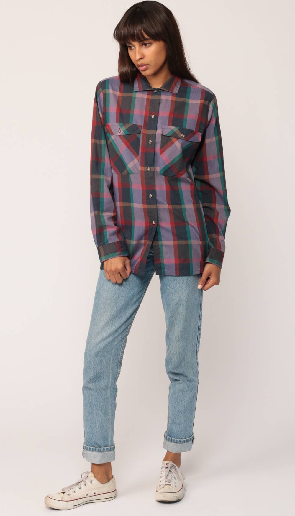 70s Lee Plaid Button-Up Shirt Purple Grey Red Green Medium