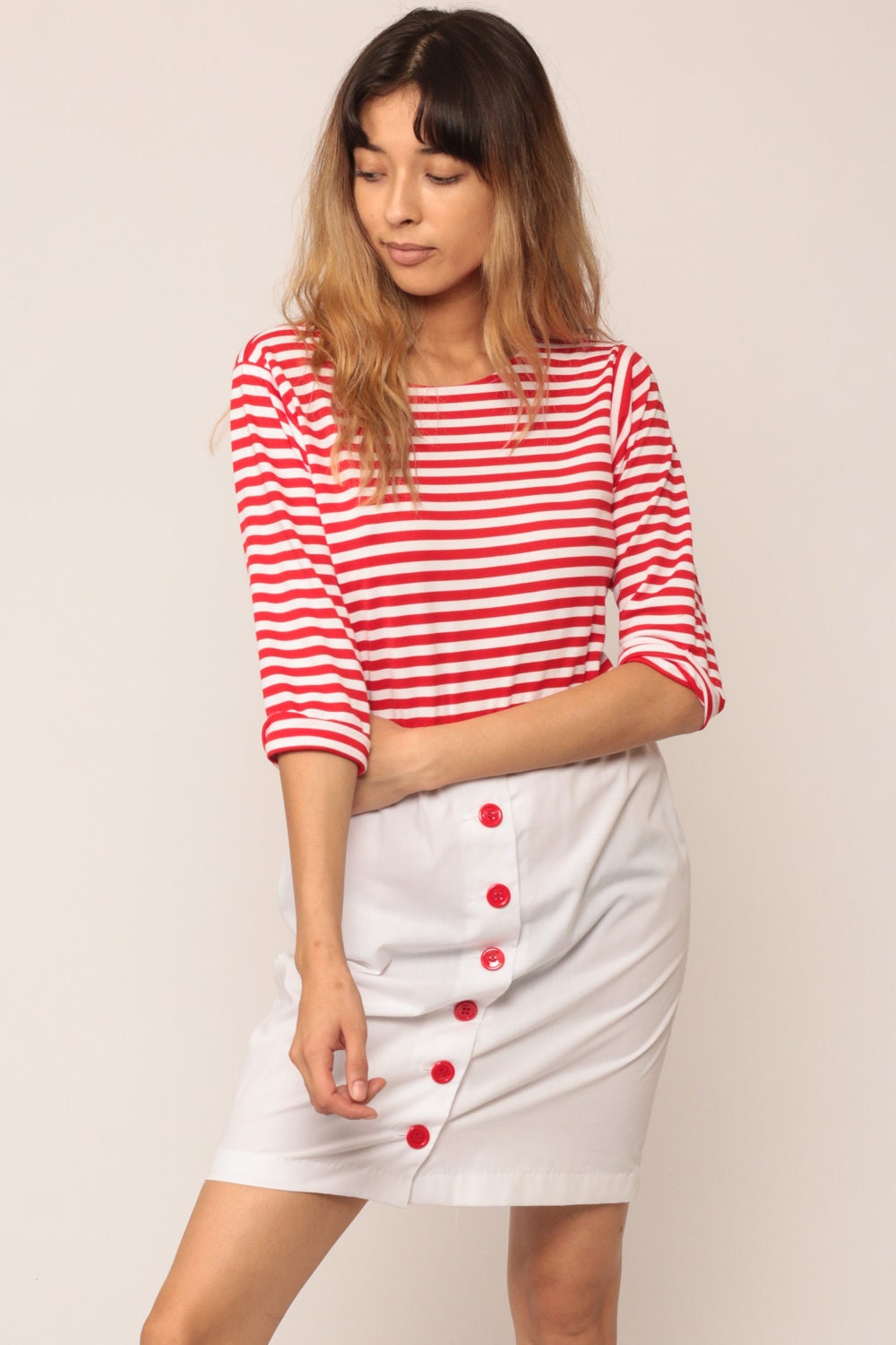 70s Striped Mini Dress Red White High Waist Button Up Skirt Small Medium