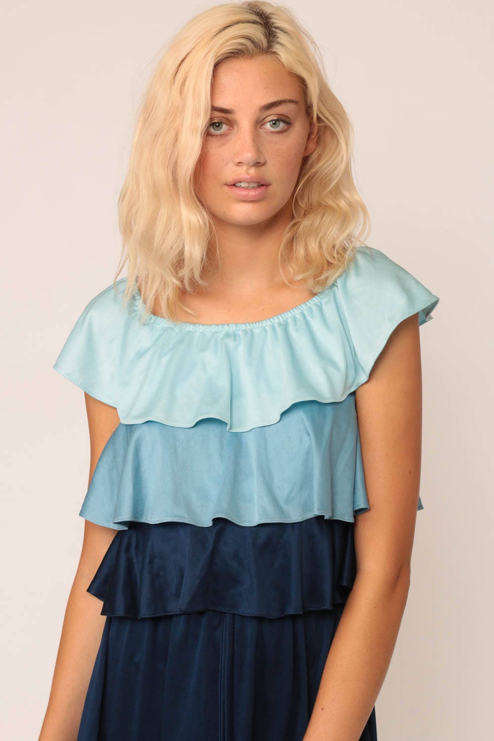 70s Blue Striped Mini Dress Tiered Flutter Sleeve Medium Large