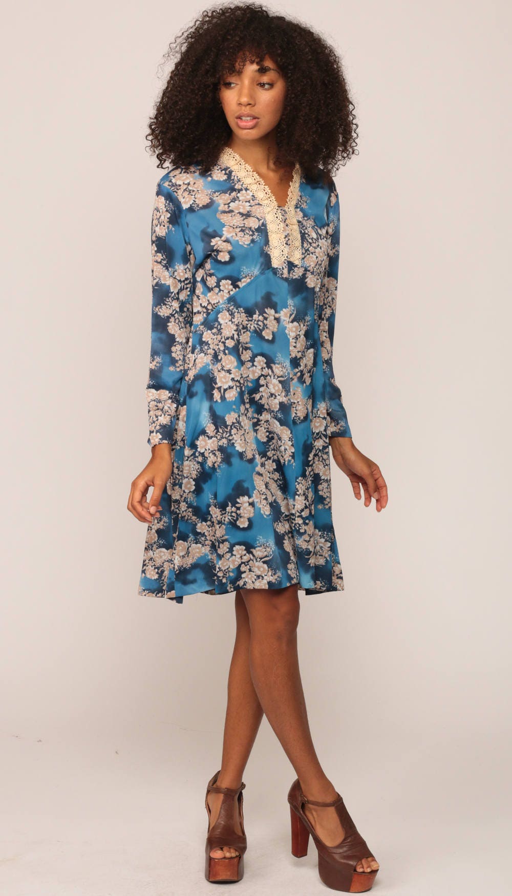 70s Floral Mini Dress Empire Waist Long Sleeve Blue Lace Trim Extra Large