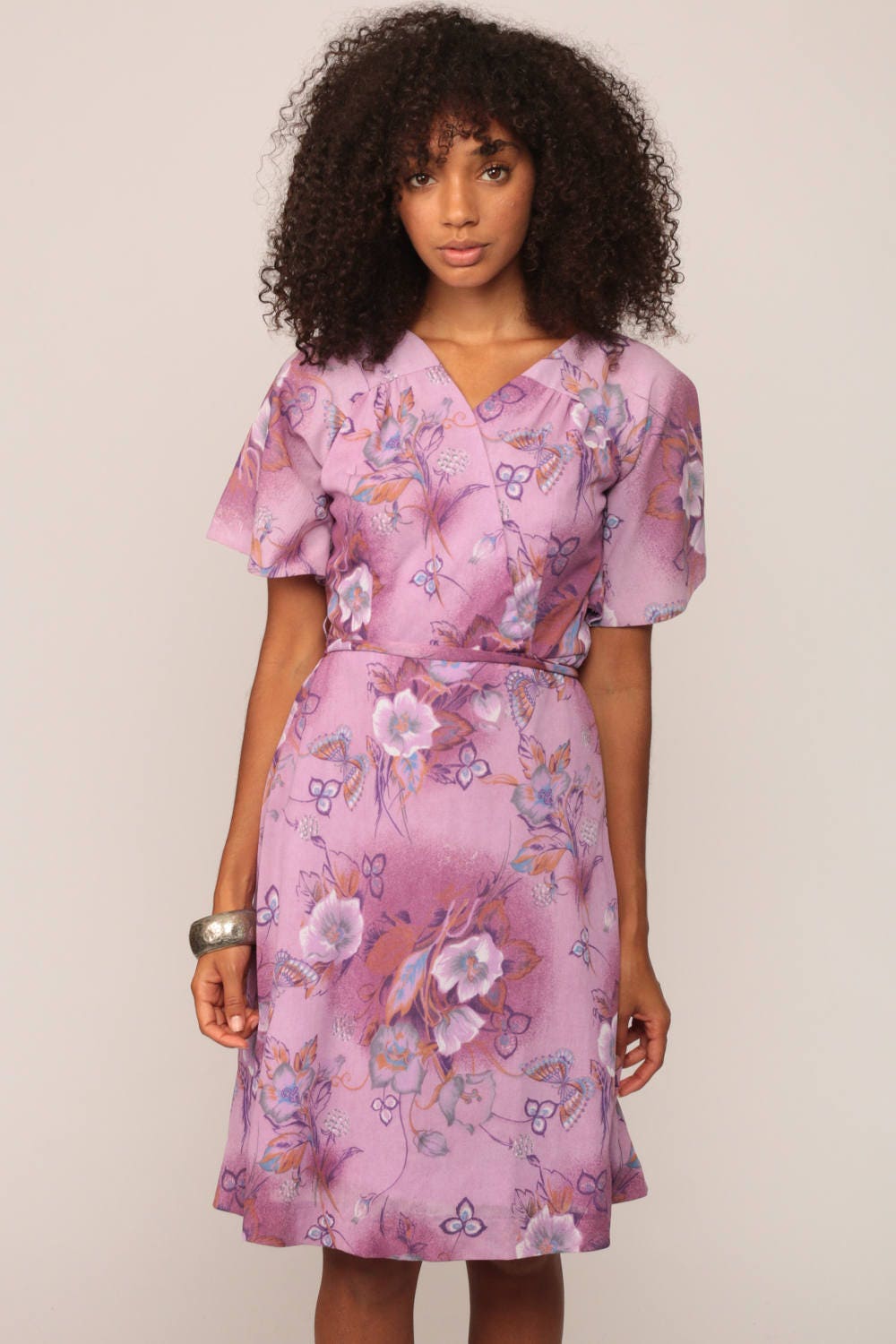 70s Purple Floral Butterfly Midi Dress High Waist Wrap Belted Medium