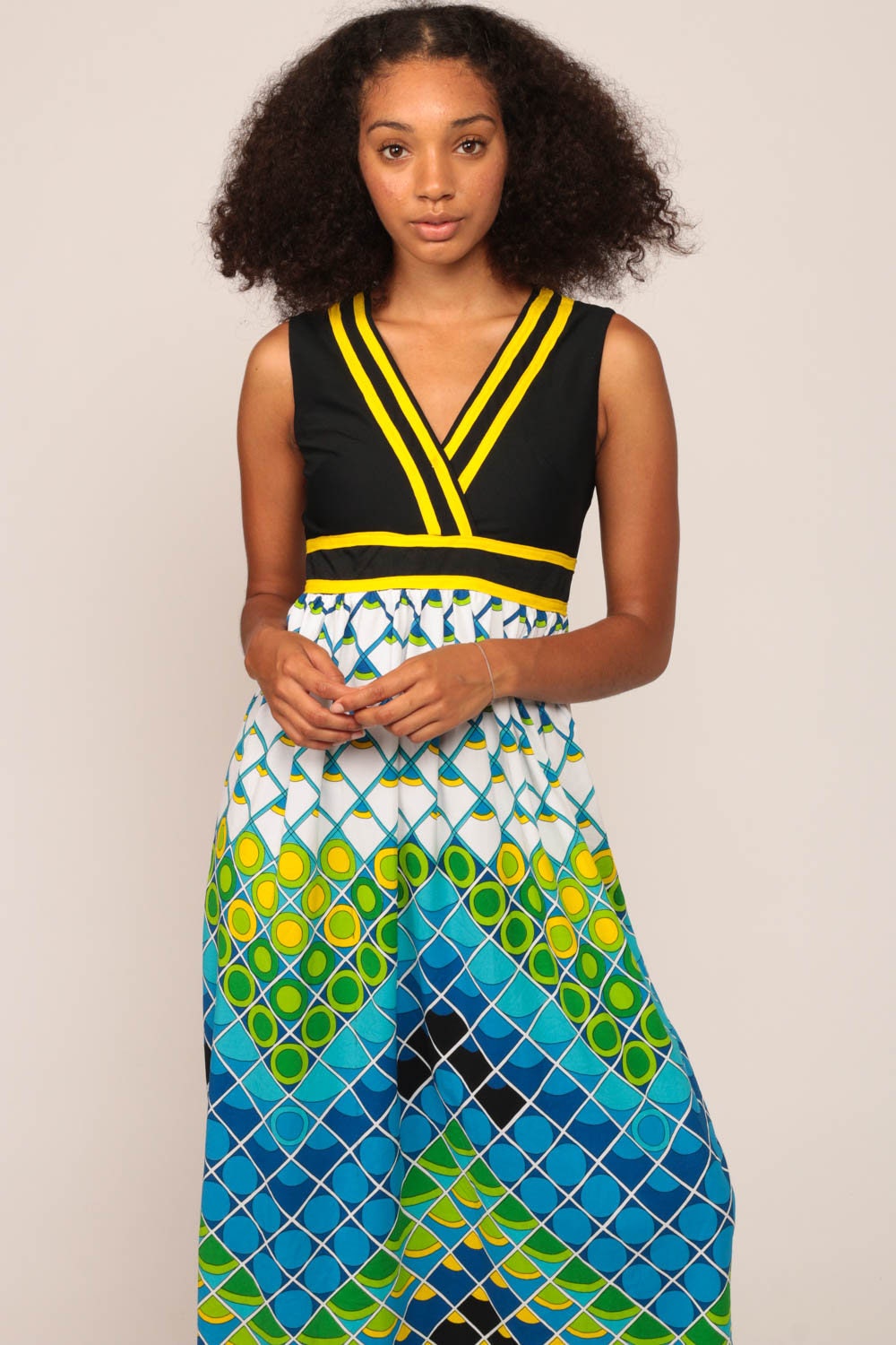 70s Psychedelic Print Maxi Dress Sleeveless Empire Waist V Neck Blue Small