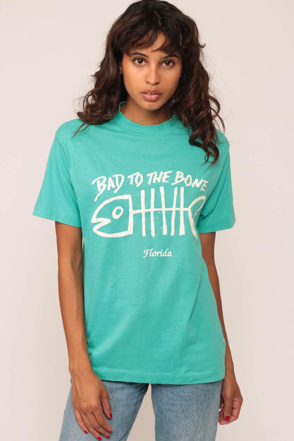 90s Florida Bad to the Bone Fish Graphic T-Shirt Turquoise Medium