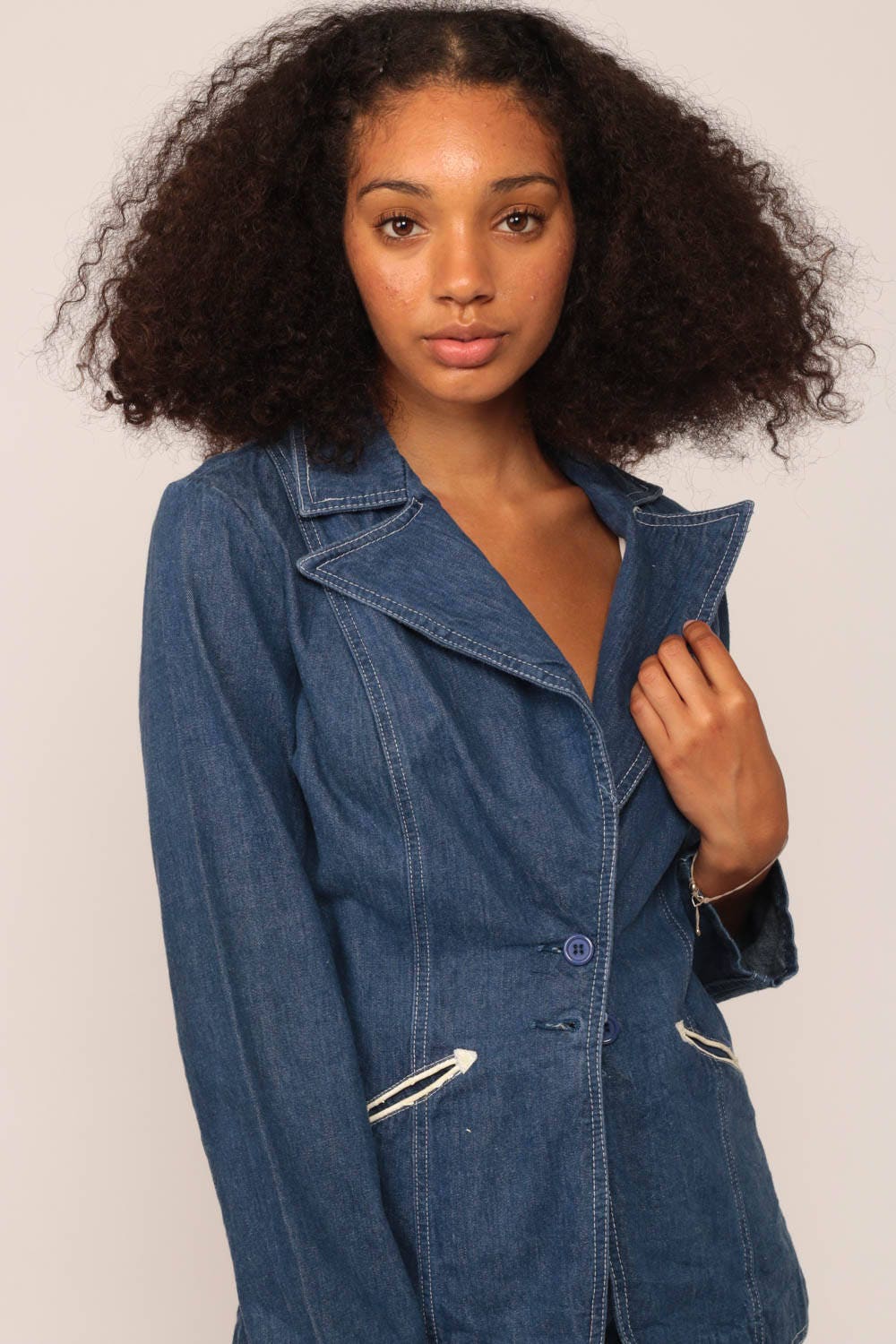 70s Denim Blazer Jacket Blue Faux Leather Trim Small