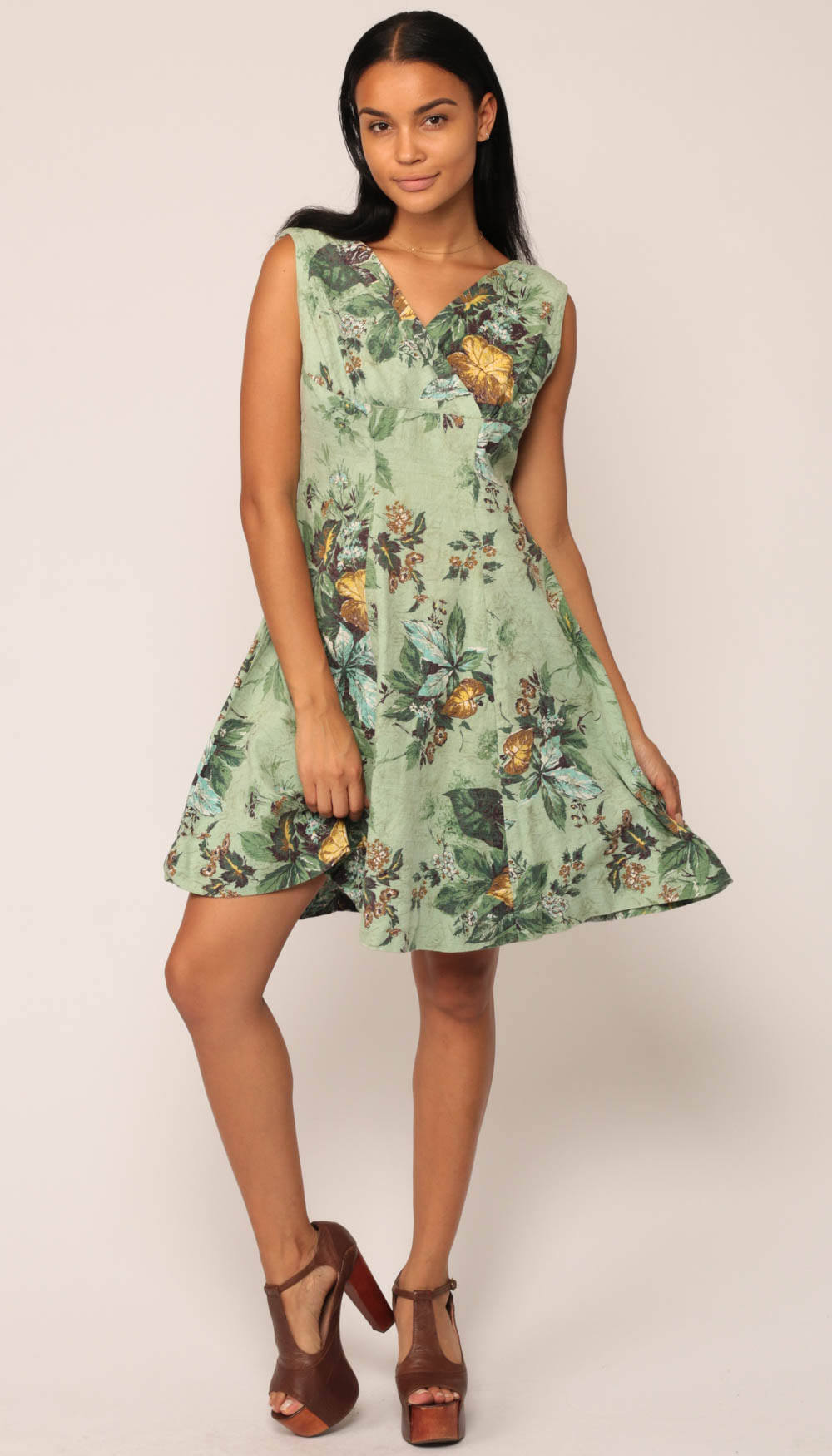 1950s Green Floral Leaf Print Sleeveless V-Neck Mini Dress Empire Waist Large