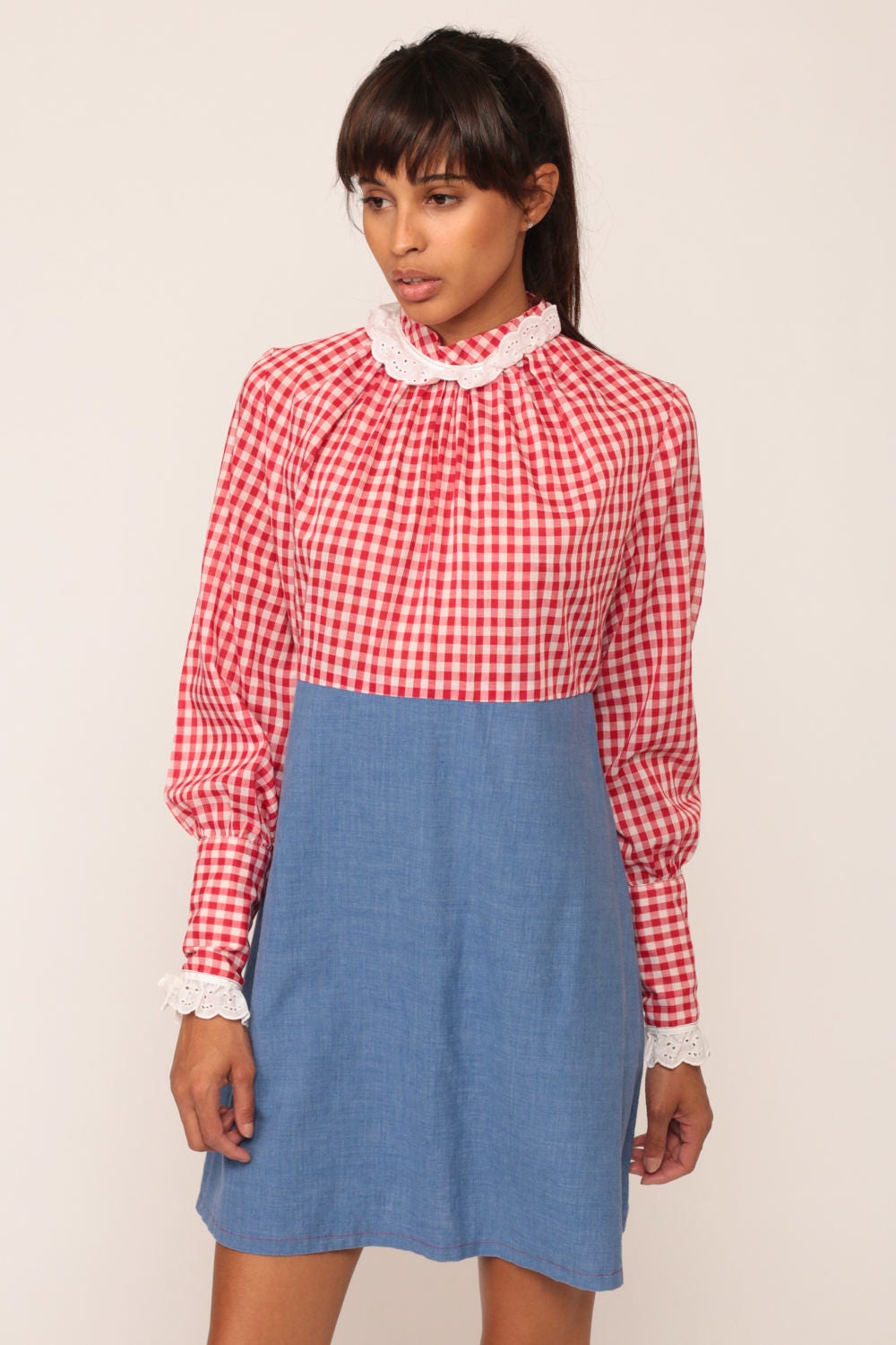 70s Mini Dress Red Gingham Eyelet Lace Collar Empire Waist Medium