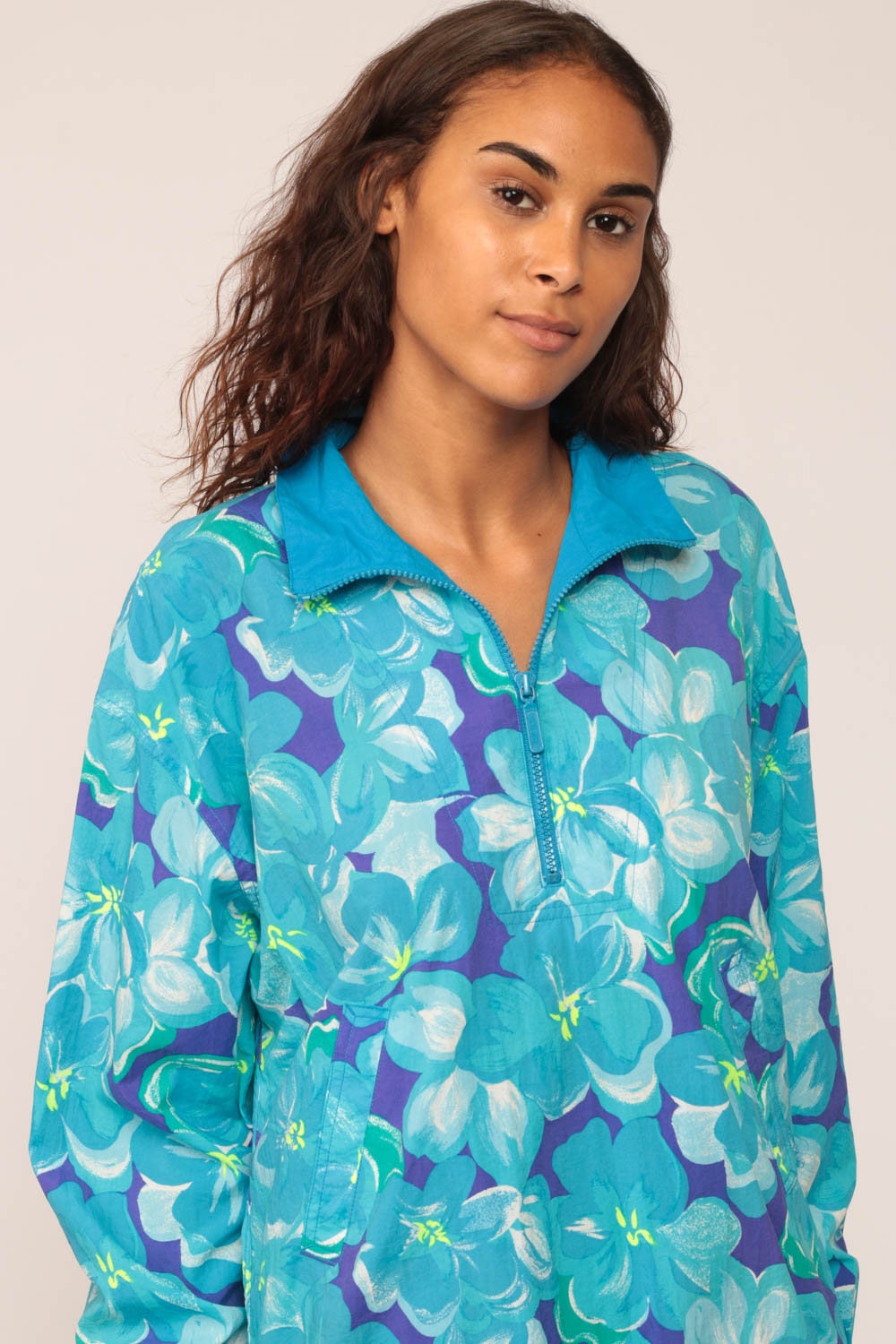 90s Floral Nylon Windbreaker Jacket Blue Half Zip Pullover Small
