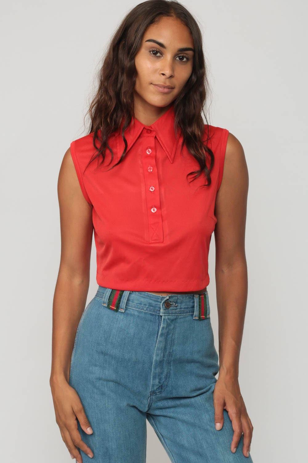70s Red Sleeveless Tank Top Crop Polo Button-Up Large