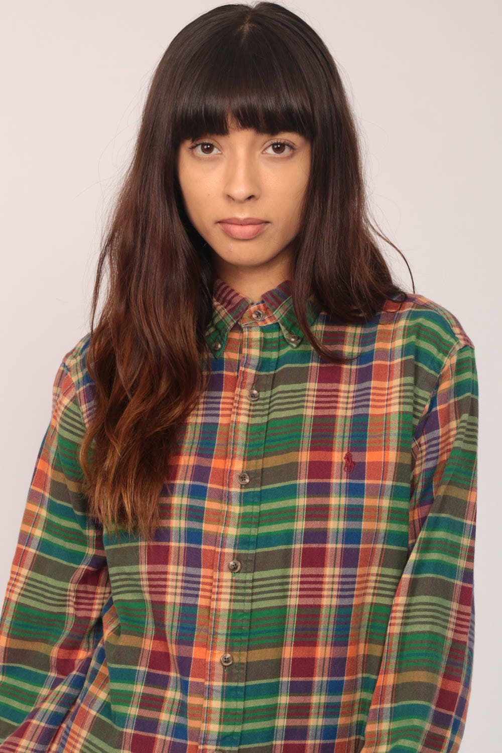 90s Ralph Lauren Green Plaid Oxford Shirt Long Sleeve Button Up Small