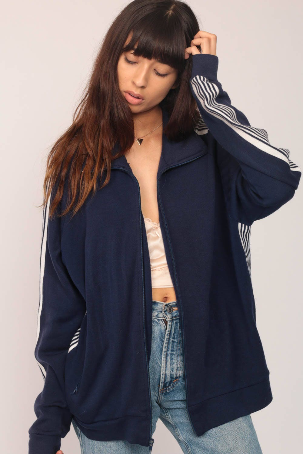 80s Dark Blue Striped Track Jacket Raglan Sleeve Zip Up Large