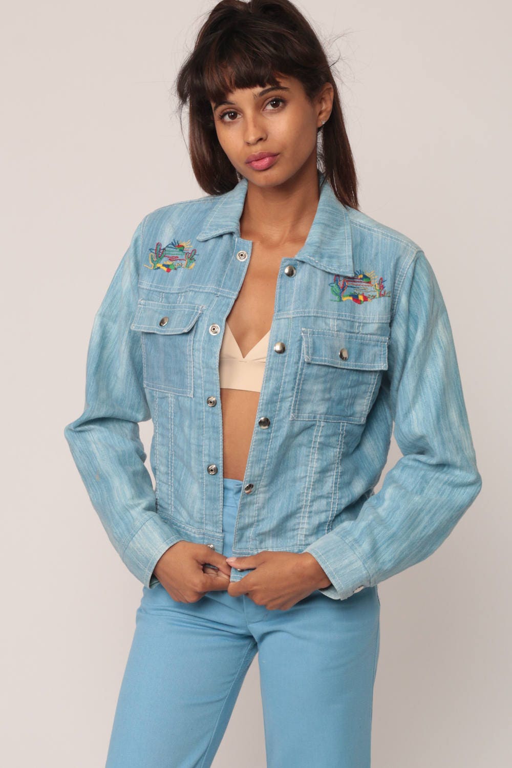 70s Embroidered Cactus Denim Jacket Blue Jean Jacket Extra Small