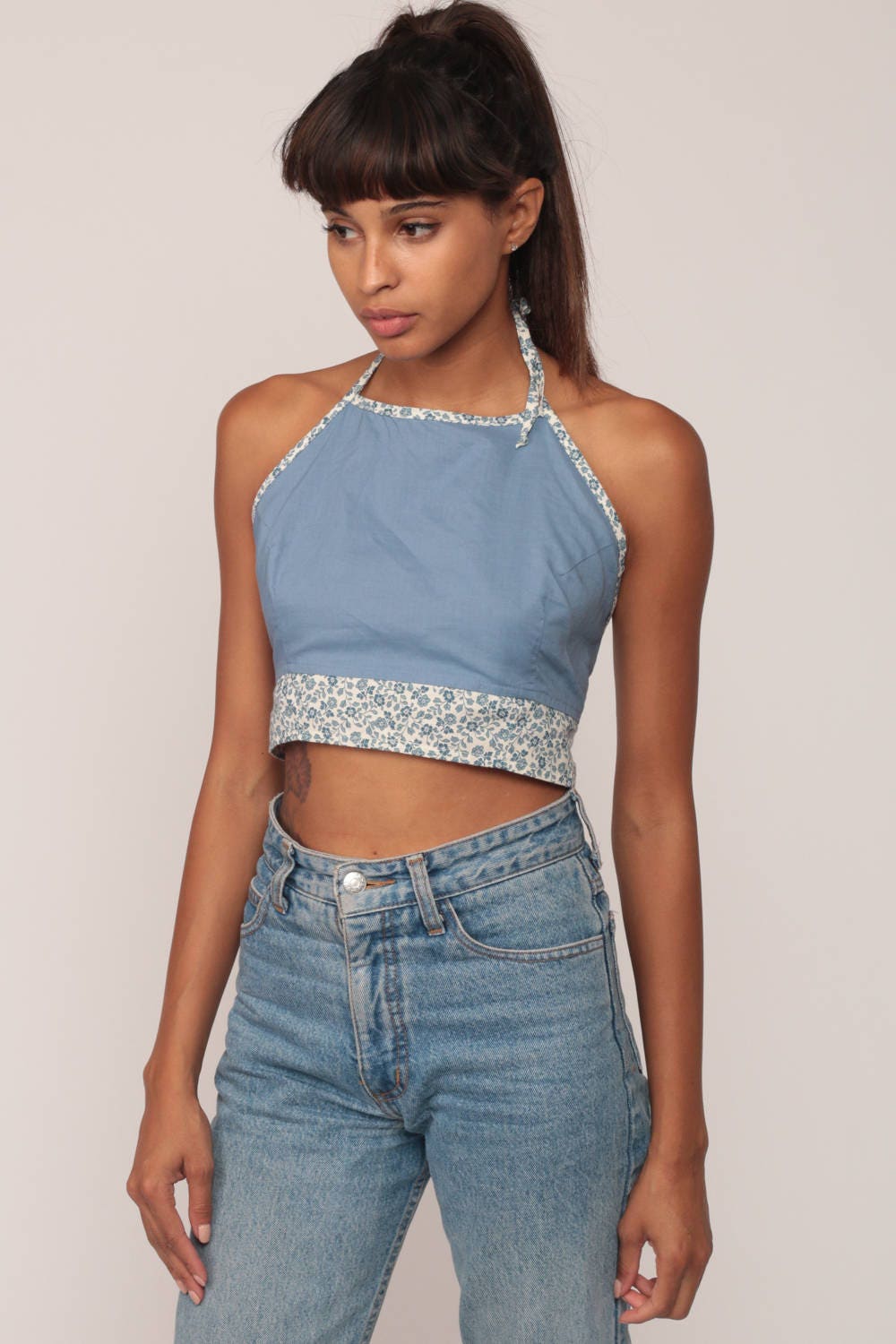 90s Blue Floral Halter Crop Top Backless Tie-Back Blouse Extra Small