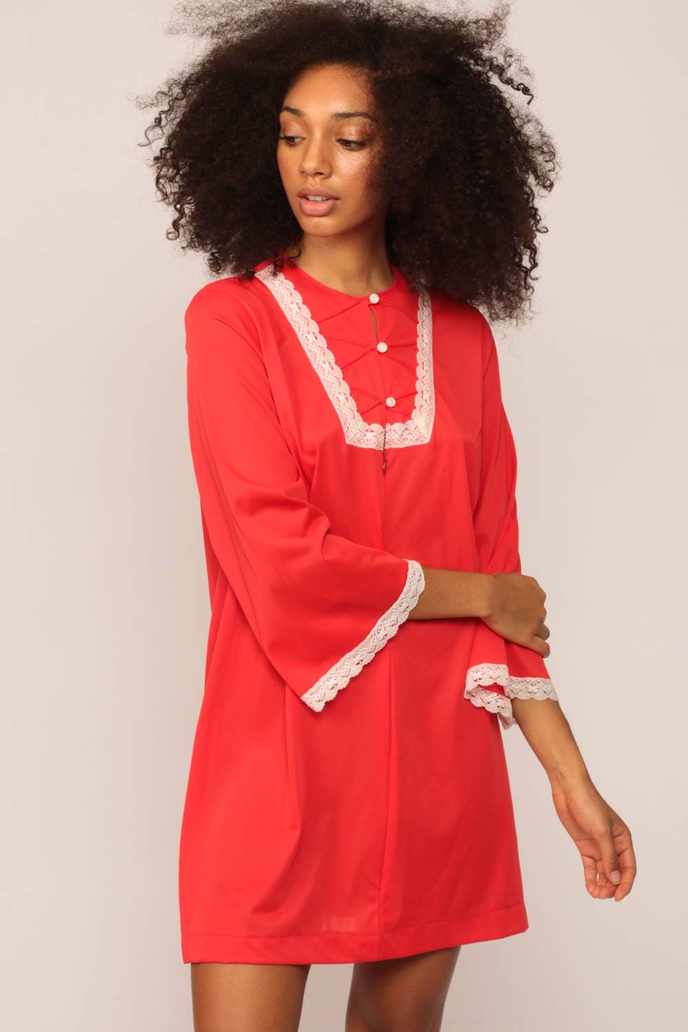 70s Red Nylon Nightgown Lace Trim Mini Slip Dress Large