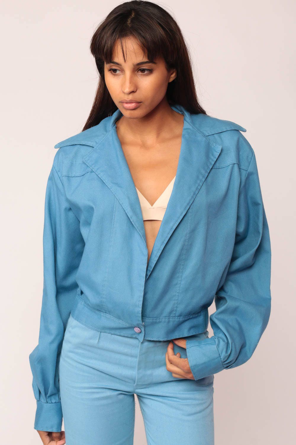 70s Blue Jacket Open Front Pointed Collar Single Button Medium