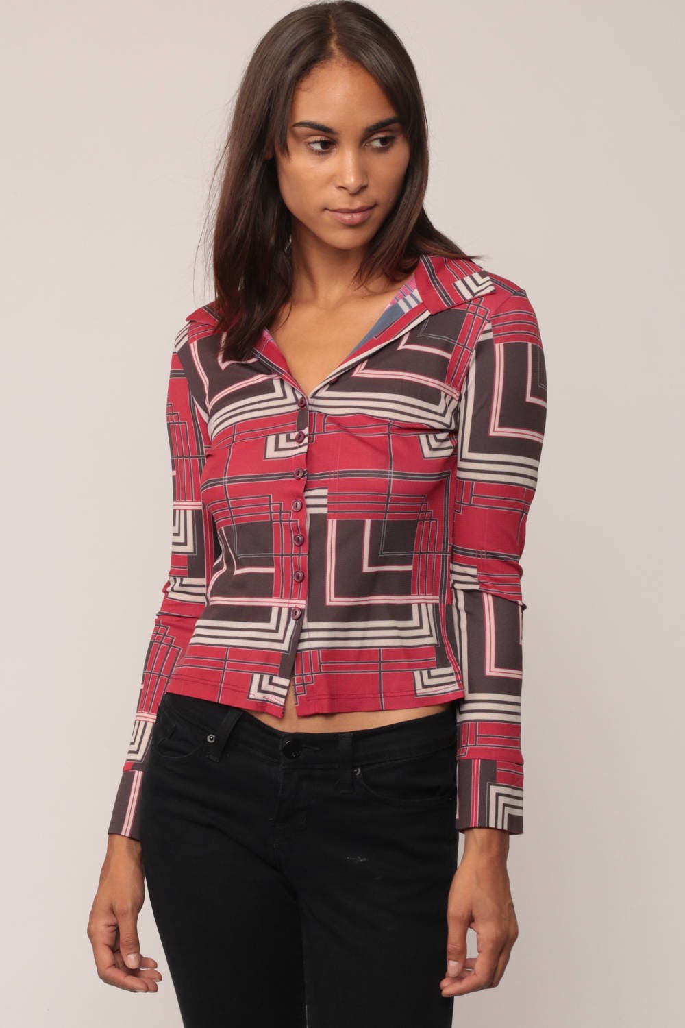 90s Geometric Print Button-Up Blouse Red Long Sleeve Small Medium
