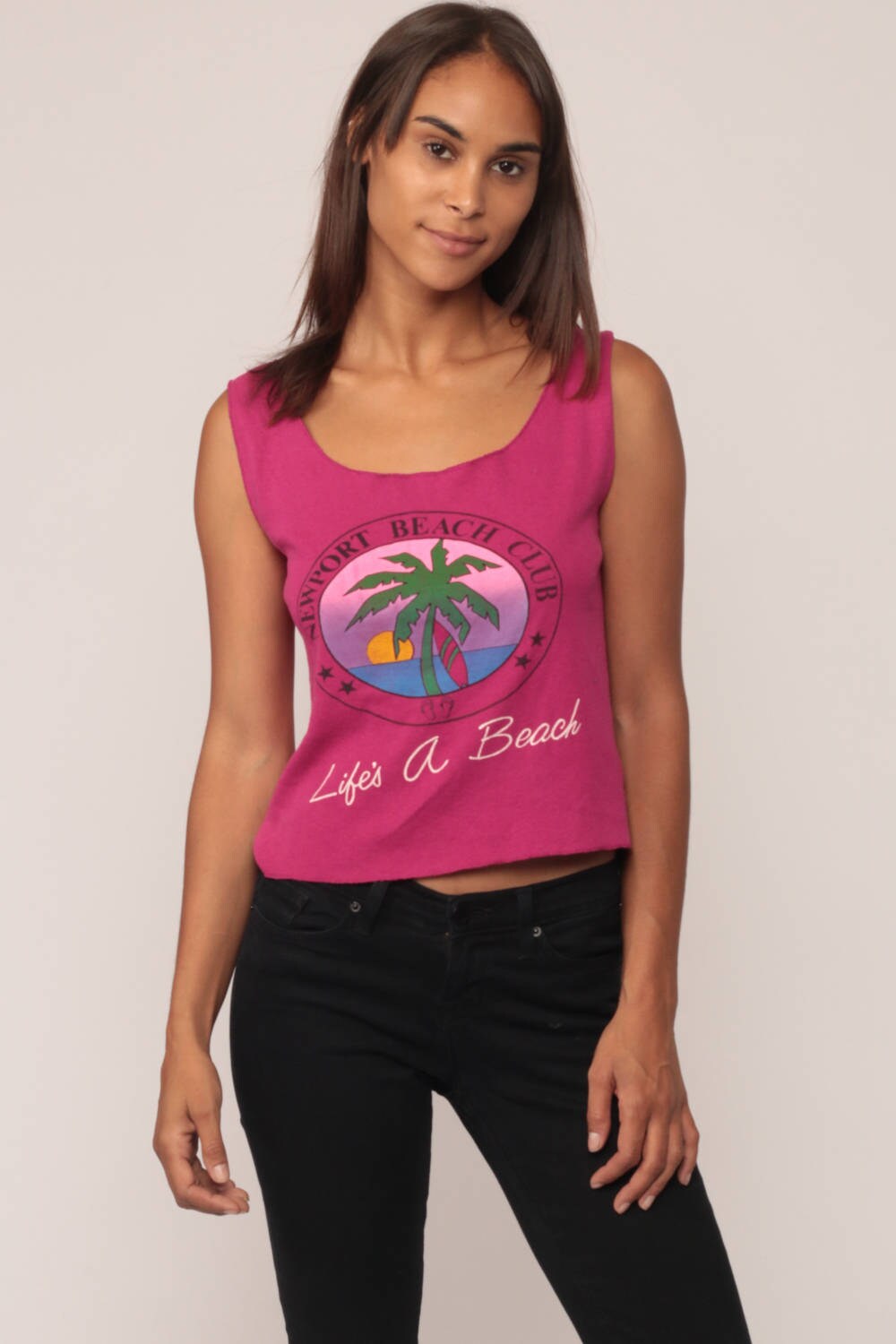 80s Newport Beach Club Tank Top Purple Palm Tree Graphic Small Medium