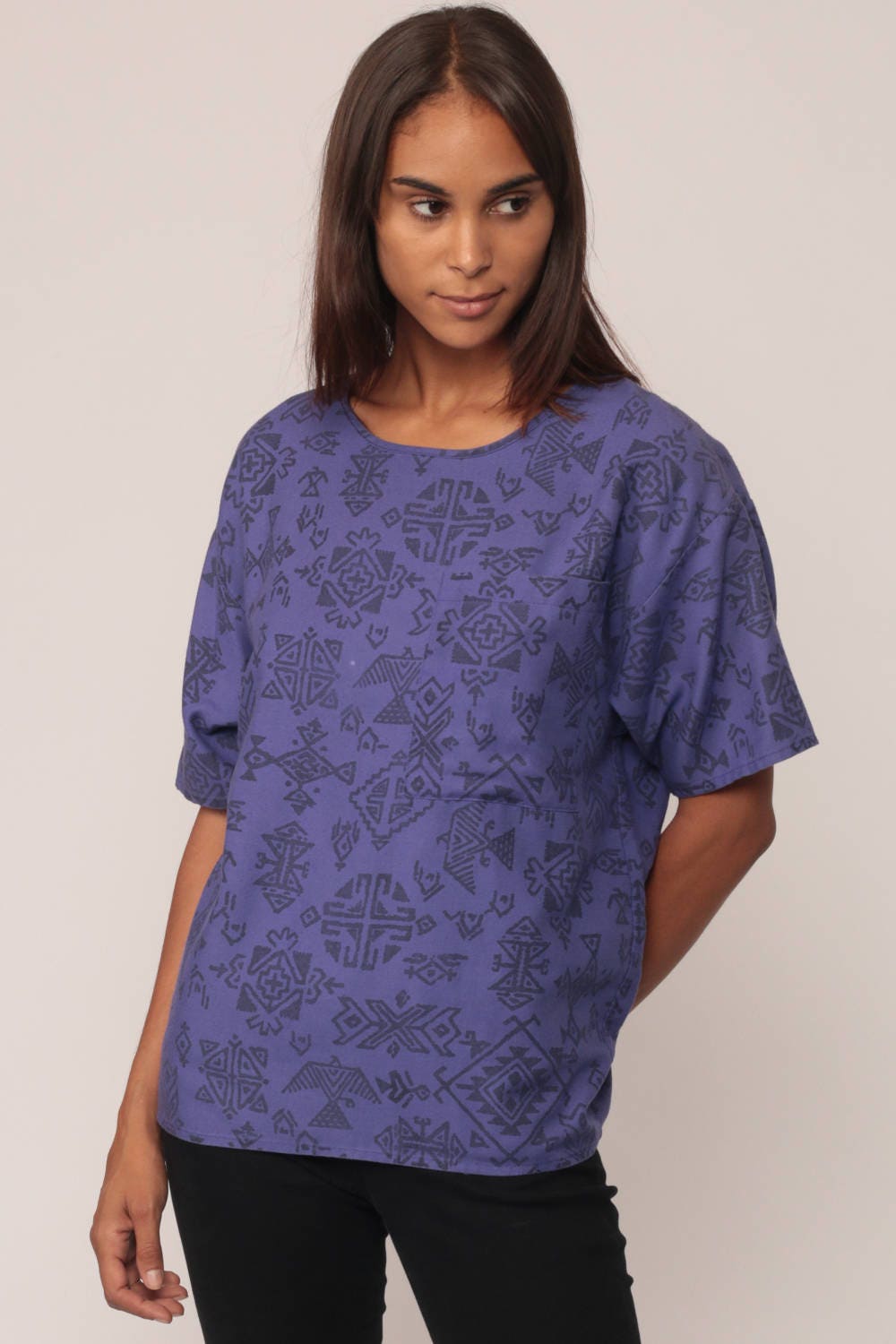 80s Aztec Tribal Print T-Shirt Purple Pocket Tee Medium Large