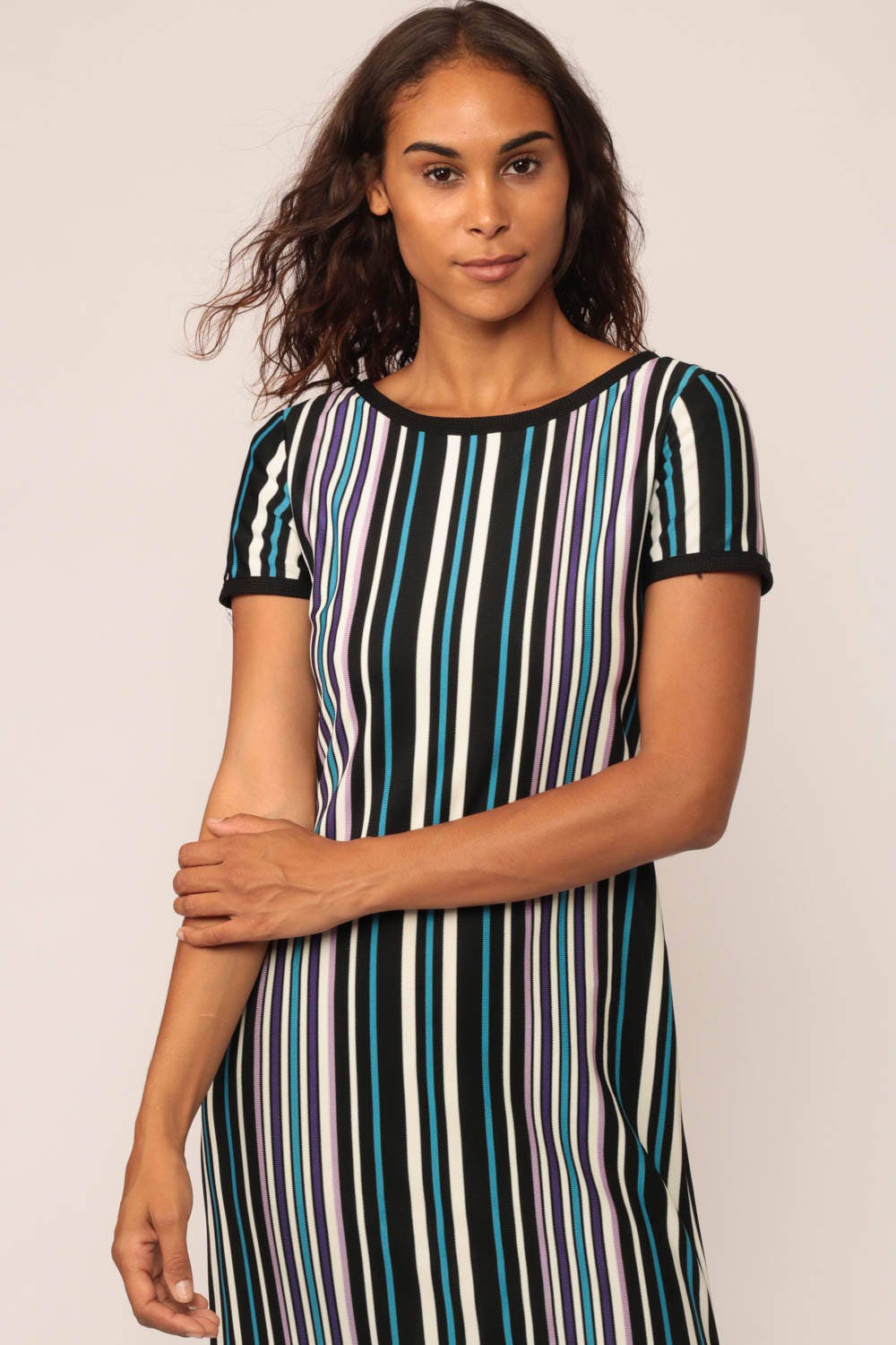 70s Striped Maxi Dress Black Blue Vertical Stripe Short Sleeve Slit Small