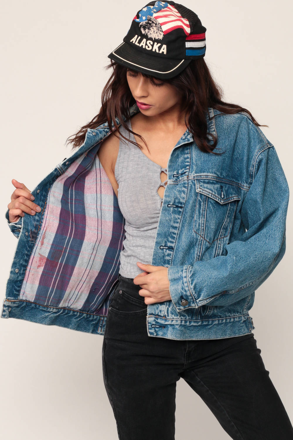 80s Blue Stone Wash Denim Jacket Plaid Lined Trucker Large