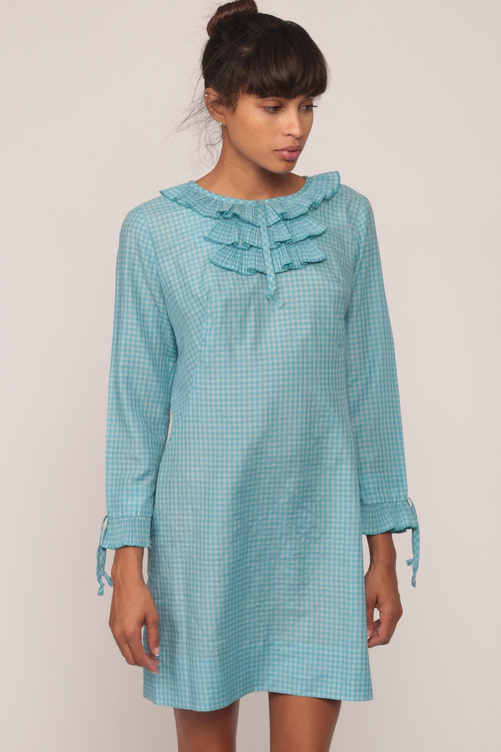 60s Blue Gingham Mini Dress Mod Shift Long Sleeve Ruffle Extra Small XS
