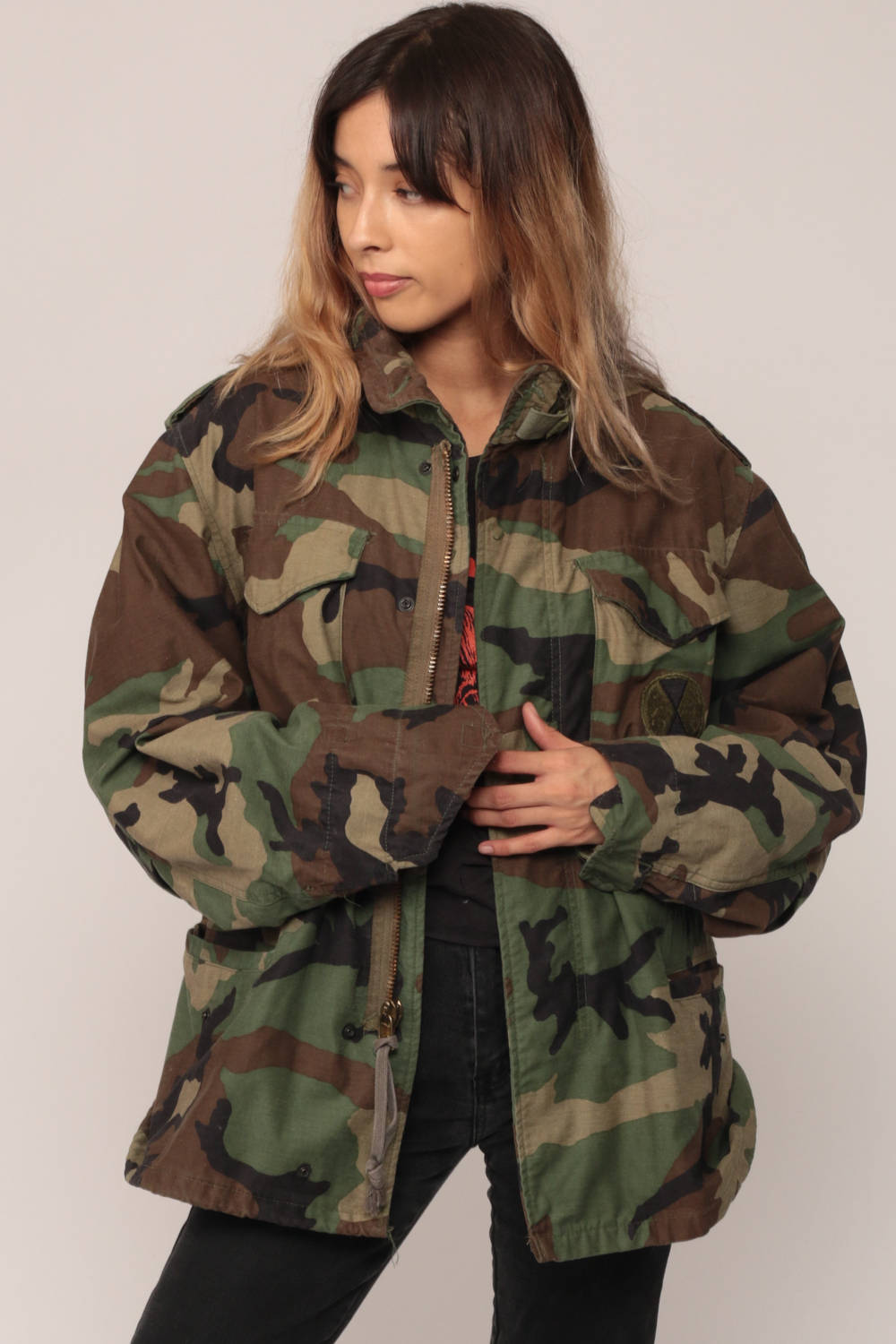 80s Camo Military Jacket Olive Green Brown Cargo Zip Unisex Small
