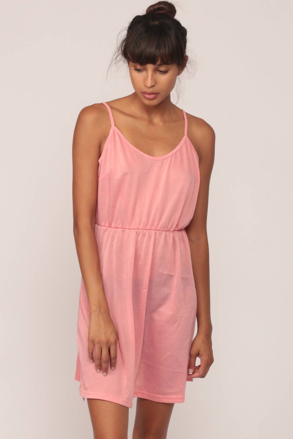 80s Pink Sheer Mini Dress Spaghetti Strap High Waist Sundress Medium