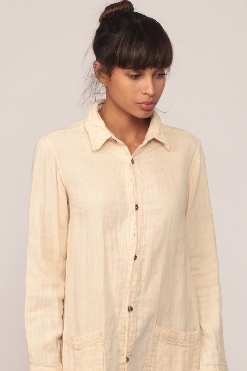 90s Cream Cotton Button-Up Mini Shirtdress Long Sleeve Extra Small XS
