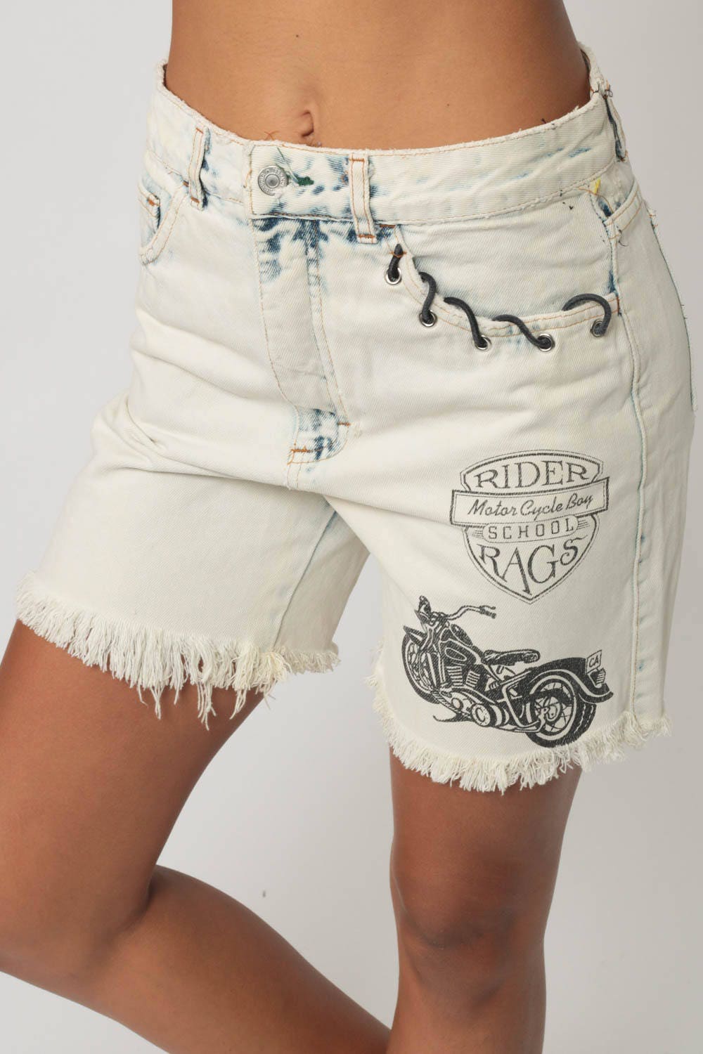 90s Rider Rags Acid Wash Denim Shorts High Waisted Motorcycle Print Small