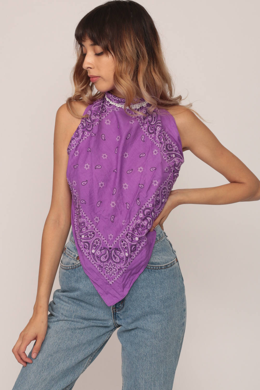 90s Bandana Print Tank Top Scarf Hem Backless Purple Medium Large